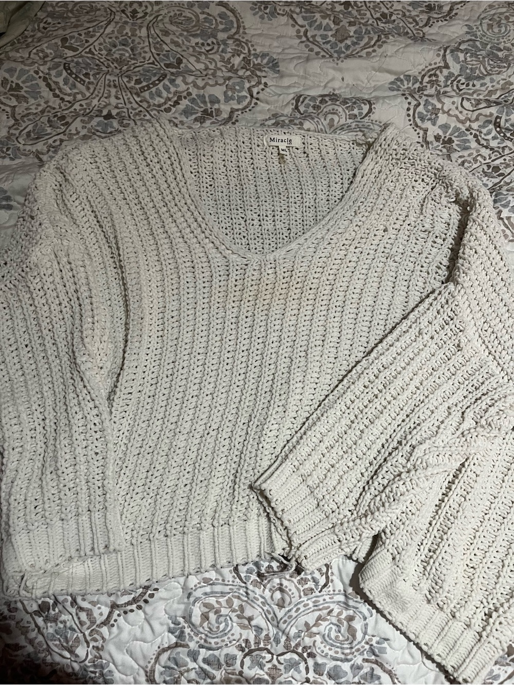 Miracle Cream Chunky V-Neck Knit Sweater
